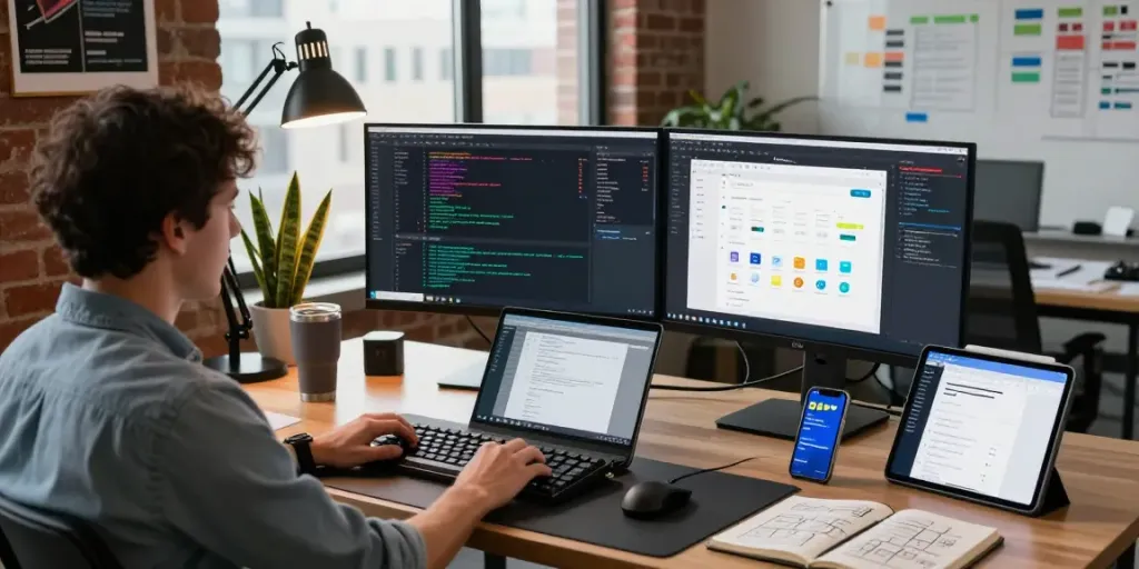 Développeur en milieu de travail avec Atlas pro, équipements modernes et ambiance productive.