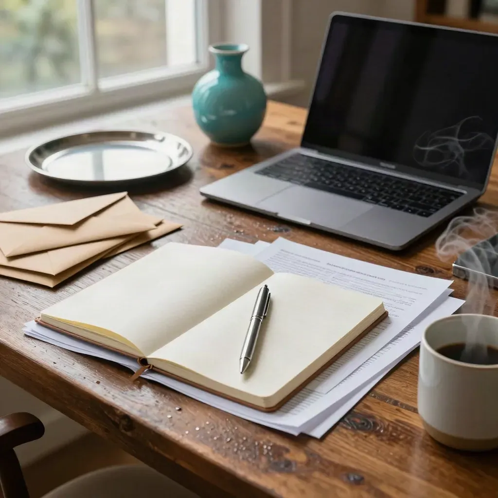 Table d’atelier pour lancer un blog, carnet, laptop fermé, enveloppes kraft, vapeur de boisson.