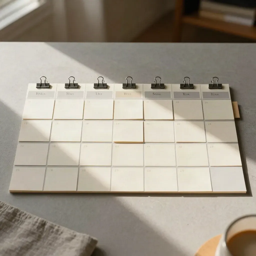 Grille éditoriale sur bureau clair, cartes crème et pinces ardoise dans la lumière du matin.