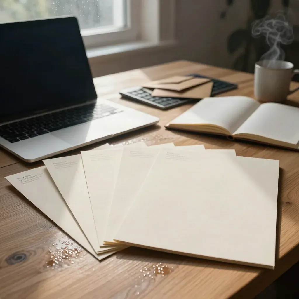 Bureau éditorial en chêne avec cartes de planification, ordinateur, carnet et enveloppes sous pluie d’automne.
