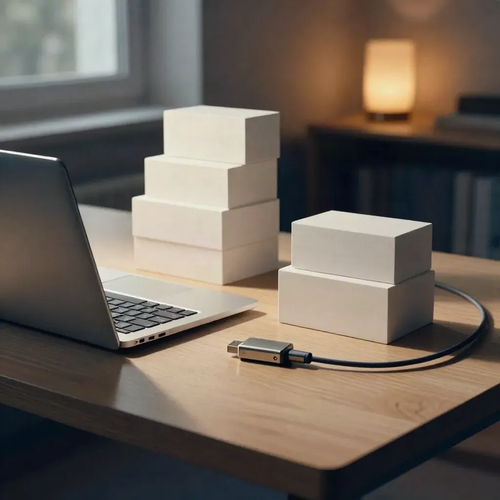 Un bureau d’éditeur la nuit avec ordinateur, blocs modulaires, clavier et clé USB.