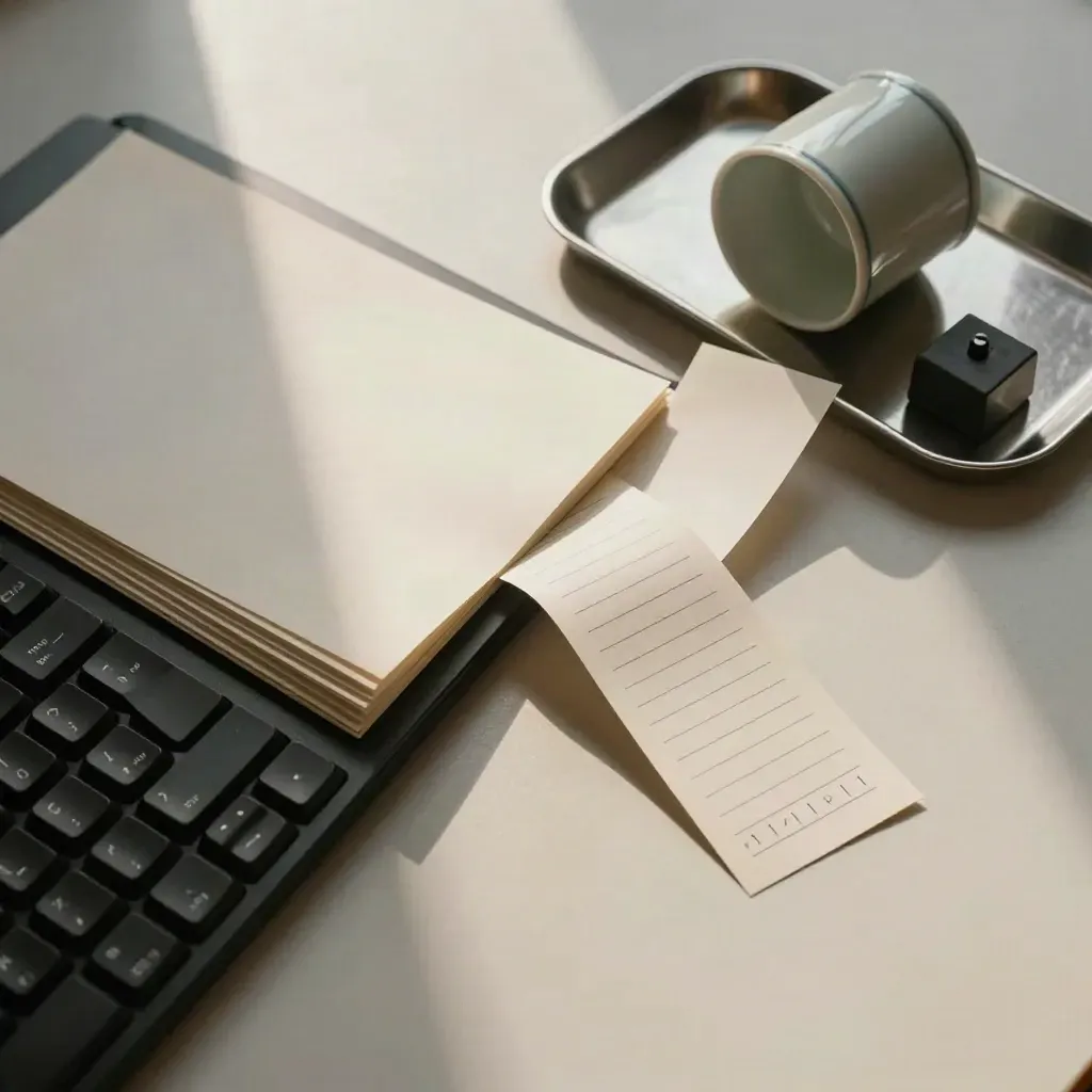 Vue zénithale d’un bureau d’écriture minimal avec clavier, feuilles et tasse de côté.