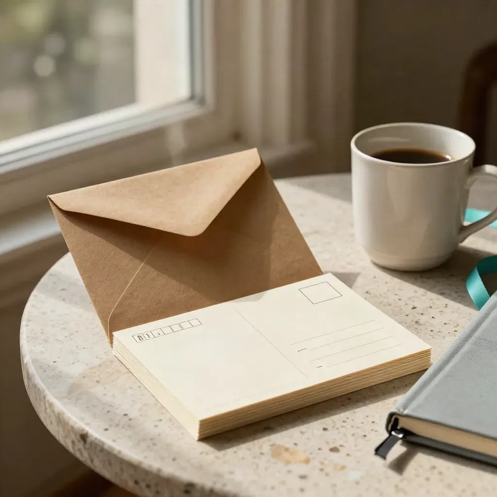 Enveloppe kraft ouverte, cartes vierges, carnet fermé et tasse sur table claire, lumière de fin de journée.