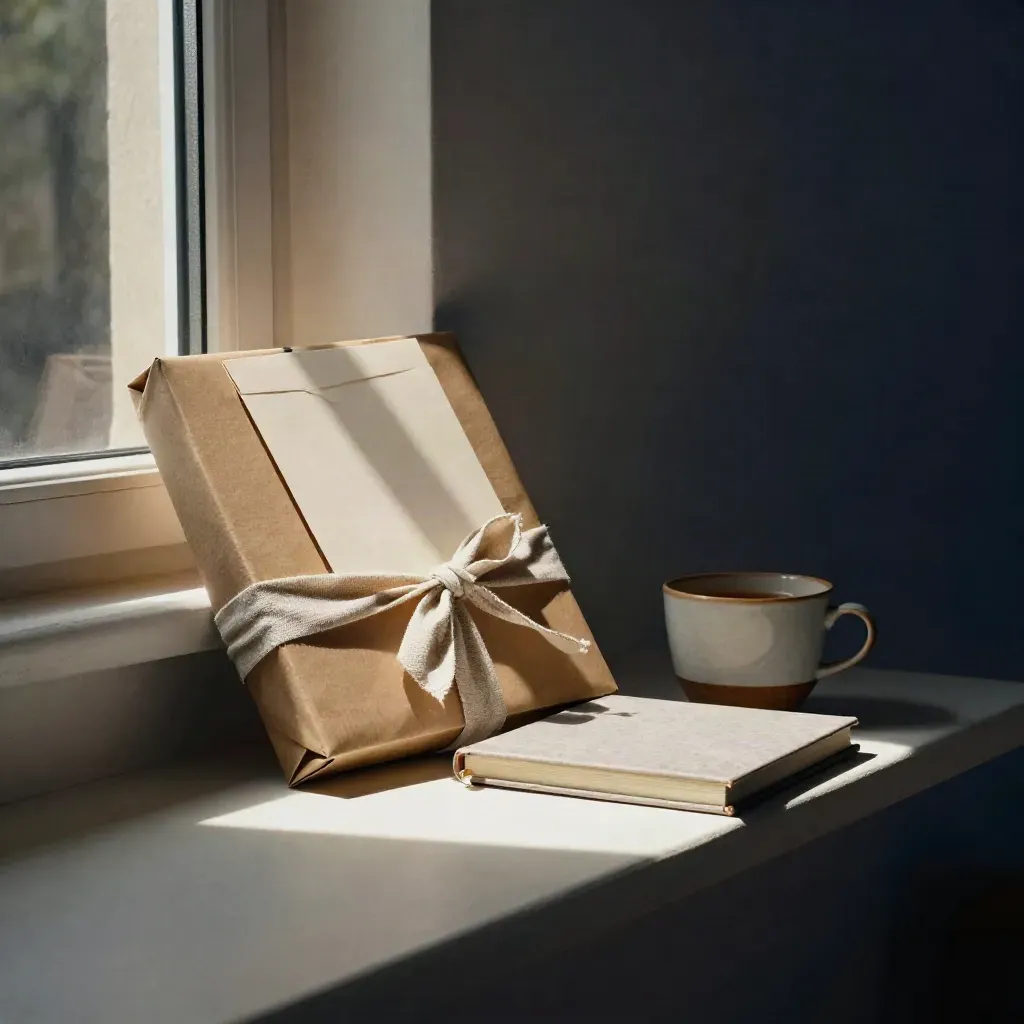 Coin de studio éditorial avec colis, enveloppe fermée, carnet et tasse dans la lumière du soir.