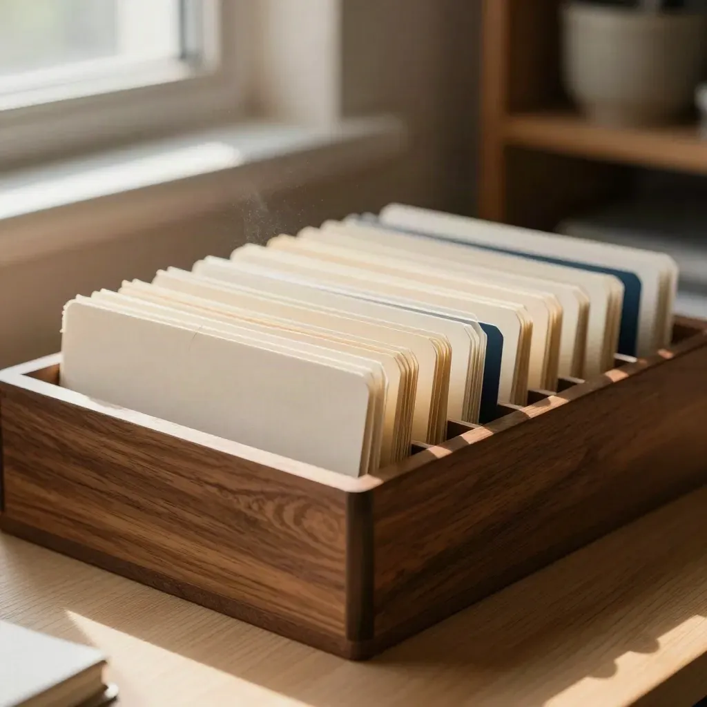 Boîte d’index en bois, cartes à onglets, pinces fines et petit pot en céramique, lumière douce.