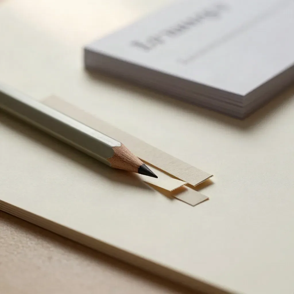 Bandes de papier, crayon taillé et cartes de titres sur une surface éditoriale, une bande a glissé.