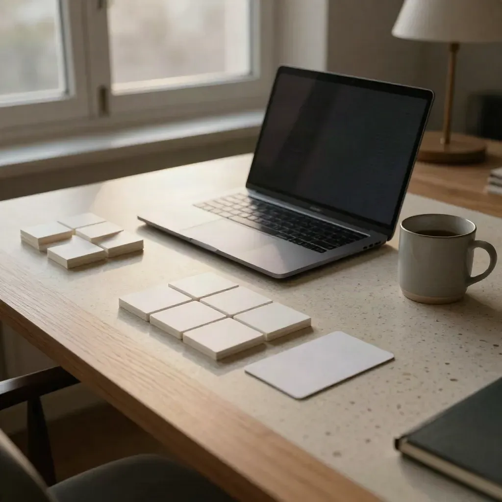 Petit bureau à domicile avec ordinateur, blocs blancs et tasse, lumière d’aube douce.