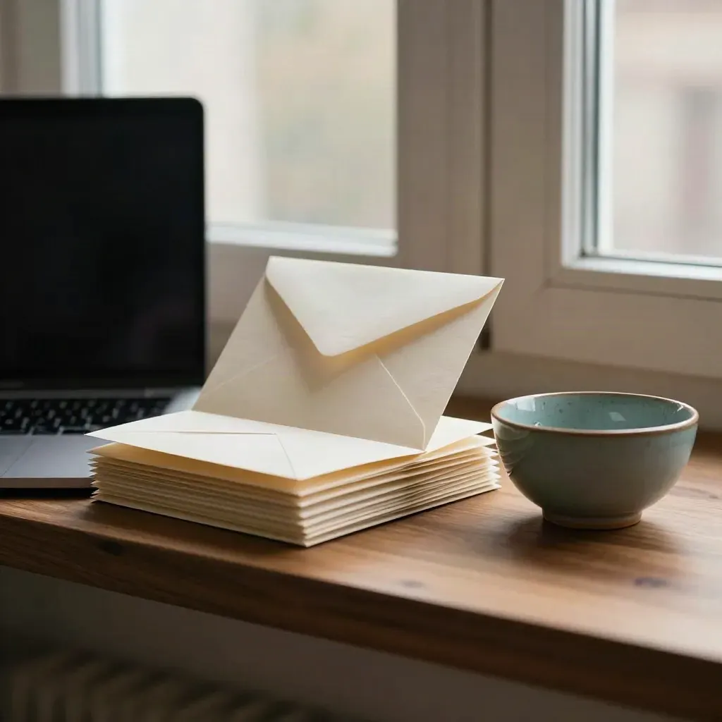 Coin d’écriture avec enveloppes fermées, cartes postales et petit bol turquoise près d’une fenêtre.