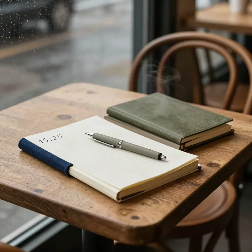 Coin de café avec deux carnets, un stylo et une chaise floue près d’une fenêtre pluvieuse.