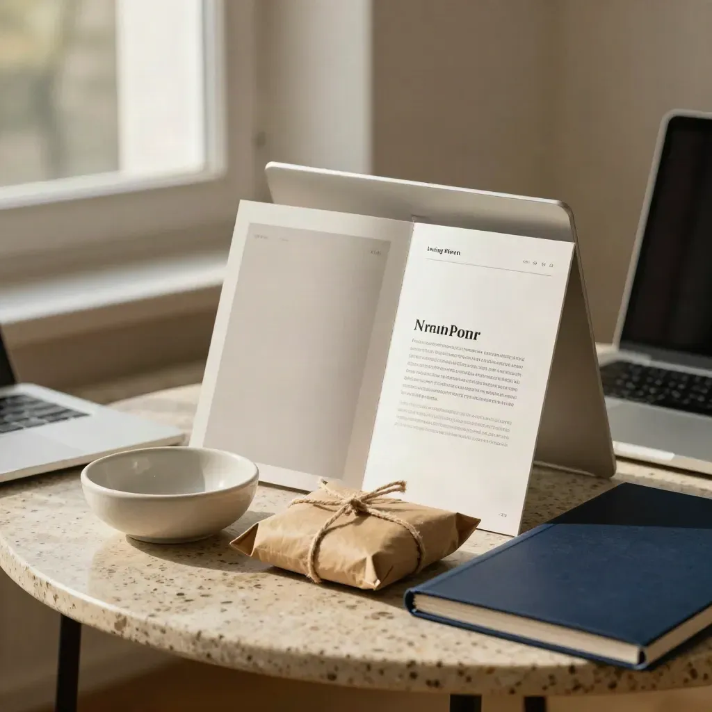 Coin de vente pour blog avec mockups, laptop fermé, colis et bol en céramique près d’une fenêtre.