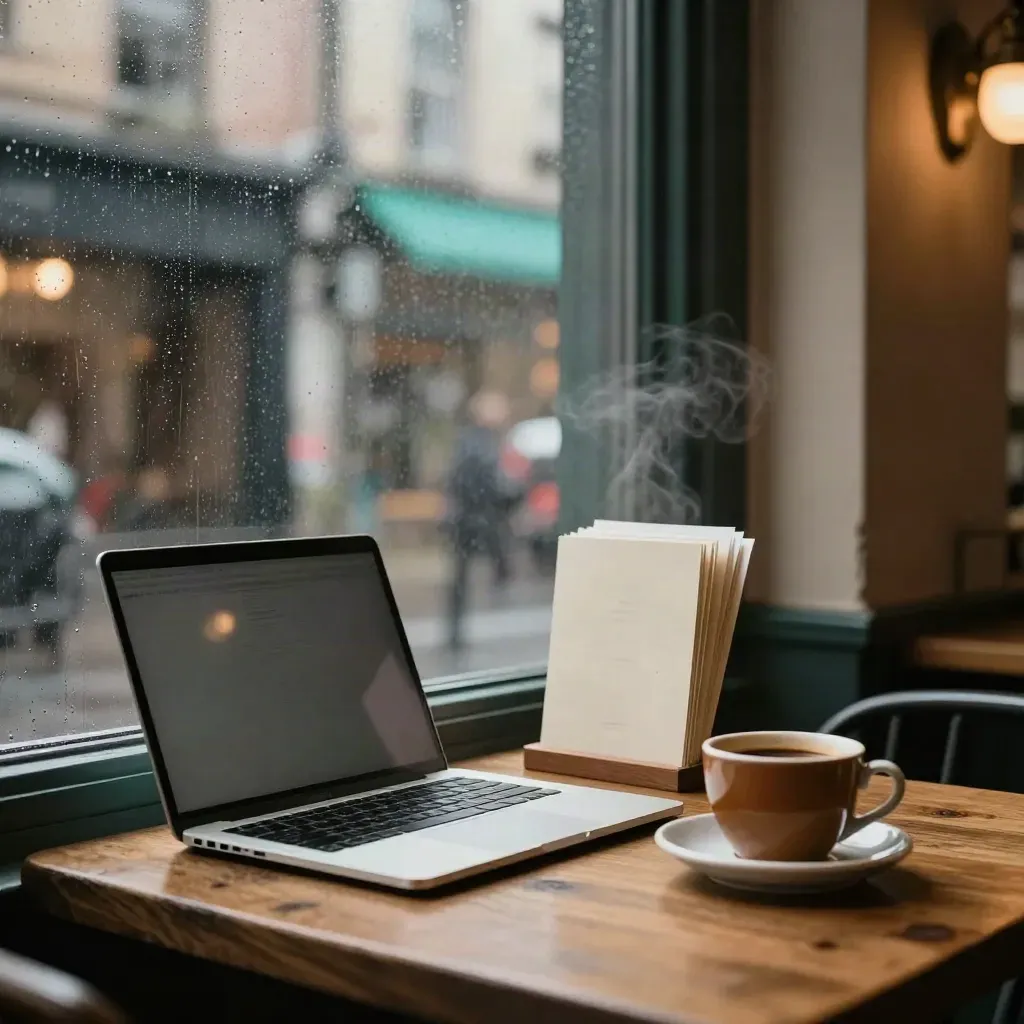 Table de bistrot près d’une vitre, laptop fermé, cartes vierges et café sous la pluie urbaine.