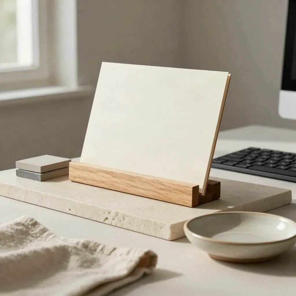 Petit ensemble de bureau éditorial sur pierre claire, en lumière douce, avec support et objets neutres.