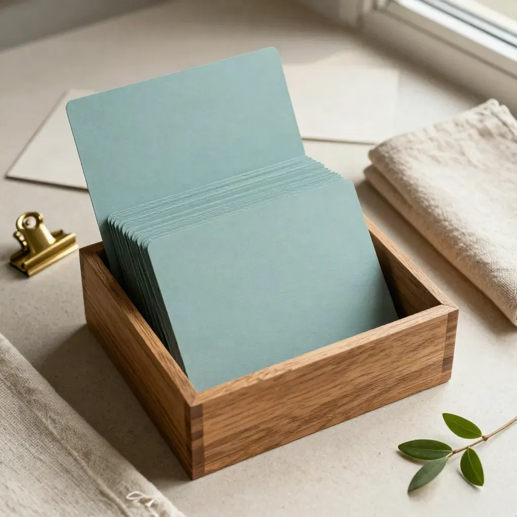 Boîte d’index en chêne, cartes turquoise, pince en laiton, lin plié et branche verte.