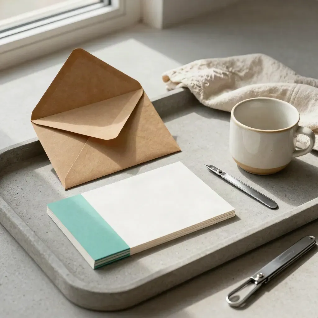 Plateau en pierre avec enveloppe kraft, cartes pliées, tasse et pince fine, lumière douce.