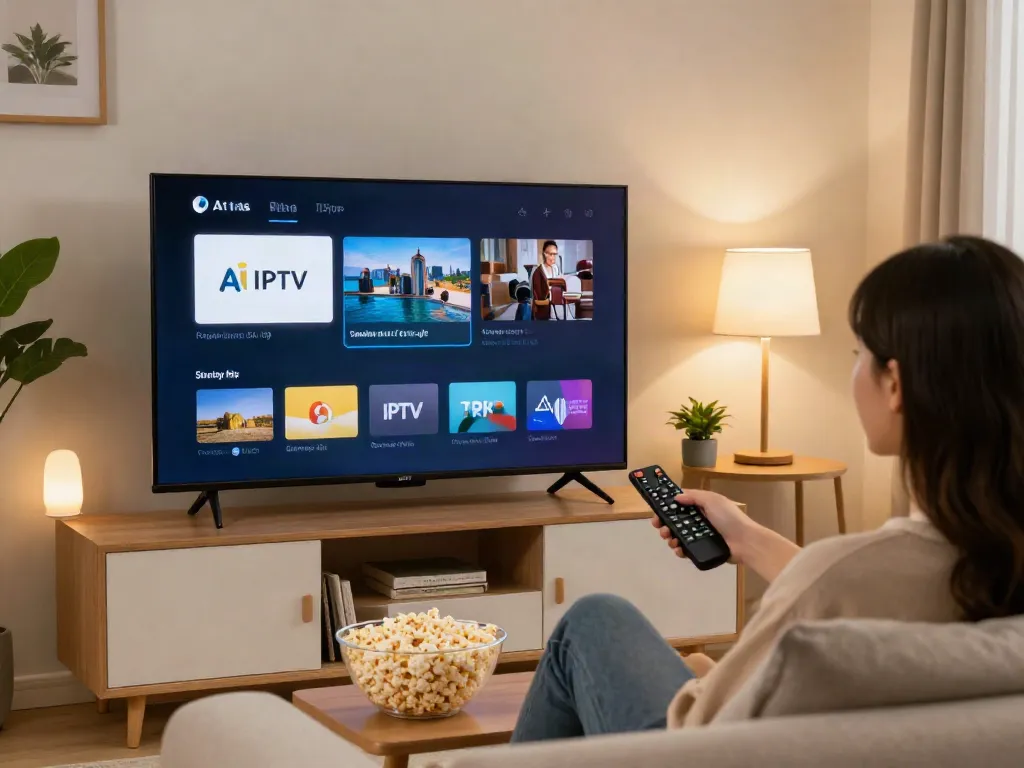 Expérience de divertissement avec l'application atlas pro iptv sur Smart TV dans un salon moderne.